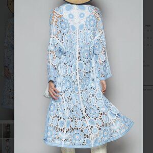 POL WOmen Blue Crochet Floral Duster Long Boho NEW